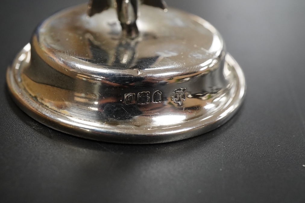 A pair of late Victorian Regimental silver menu holders (Royal Sussex Regiment), a pair of ashtrays and two pairs of uniform pips first height 5cm., weight approx. 7.83ozt